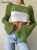 Damski thirt torefair Summer Green Green Long Rleeve Smock Knitted Crop Top Kobiety Y2K Beach Sexy Backless Hollow Out T Shirts Party Casual 230417