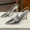 اللباس أحذية لامعة عالية الكعب Slingback Women Women Pumps Metallic Crystal Sandals Pointy Toe Stiletto Heeled Shoes Party Gress Woman 231116