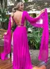 Hot Fuchsia Evening Formal Dress Cap Sleeves Elegant V Neck Open Back Chiffon A-line Women's Formal Prom Gowns 2023 Vestidos Longo Robe De Soiree