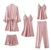 Vêtements de nuit pour femmes Femmes 5pcs Pyjama Costume Loungewear Sexy Dentelle Satin Sleep Set Pyjama Intime Lingerie Summer Robe Nightwear 231116