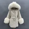 Misturas de lã feminina missjanefur 2023 casaco de inverno para mulheres jaquetas de caxemira com capuz de pele real manguito quente luxo com cinto longo trincheira 231116