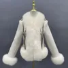 Wełniane mieszanki damskiej wełniany płaszcz Missjanefur z futrzanym mankietą szczupłe kobiety elegancka jodełka Tweed Kurtka ciepła zima Real 231116