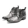 Fashion Retro Männer echte Leder -Knochen -Grau Italienisch Business Dress Schuhe Quadrat Zehen Cowboy Stiefel