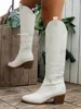 Сапоги BONJOMARISA Белые ковбойские сапоги для женщин с острым носком на массивном каблуке Модные сапоги в стиле пастушка с вышивкой Осень-зима Женская обувь T231117