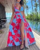 Casual jurken dames 2023 zomer mode bloemenprint uitsparingen backless drawstring sexy hoge spleet halter mouwloze maxi vakantie jurk