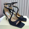 Sandalias de moda Diseñador de lujo Zapatos de vestir para mujer Correa de tobillo Hebilla Sexy Punta cuadrada Punta abierta 8.5 CM Tacones altos Suela de cuero Zapato de boda de verano