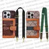 Case Designer Telefonfodral för iPhone 15 14 Pro Max 13 11 12 Promax XR XS Fashion Märke Monogram Utskriftsläder Kort Pocket Plånbok Handväska Crossbody Lanyard Mobile Cover