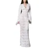 Vestidos casuais básicos femininos vestido longo cabido manga comprida decote em v transparente vestido de noite renda floral vestido de festa 231116