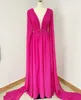 Hot Fuchsia Evening Formal Dress Cap Sleeves Elegant V Neck Open Back Chiffon A-line Women's Formal Prom Gowns 2023 Vestidos Longo Robe De Soiree