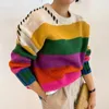 Damenpullover Chic Vintage Kontrast Übergroßer Sueter Fairy Grunge Pullover O Neck Rainbow Winter Gestreifter Strickpullover Damen 231116