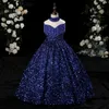 Uzun parlak mavi çiçek fuşya 3d çiçekler prenses parti balo elbisesi resmi düğün pageant elbiseler yürümeye başlayan çocuk kız çocuklar doğum günü nedime elbise 403