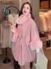 Women Cape Autumn Winter Fur Neck Cape Pasek wełniany płaszcz Kobiety luźne rękaw Batwing zagęszcza ciepłe eleganckie futro królika Ponchos 231116