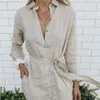Vestidos casuais manga comprida botão mini camisa vestido mulheres primavera algodão linho algodão de cordão cintura minimalista sólido