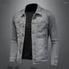 Men's Jackets Light Gray Machine Denim Jacket Men's Lapel Stand Collar Cotton Coat Slim Casual Long-sleeved