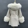 Misturas de lã feminina missjanefur 2023 casaco de inverno para mulheres jaquetas de caxemira com capuz de pele real manguito quente luxo com cinto longo trincheira 231116