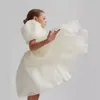 Basit pembe kısa puflu kollar Çiçek Kız Elbiseleri Düğün için 2024 Prenses O yakalı organze diz uzunluğu ilk cemaat önlükleri