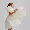 Simples rosa curto puff mangas vestidos da menina de flor para o casamento 2024 princesa o-pescoço organza na altura do joelho vestidos de primeira comunhão