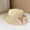 넓은 미터 모자 패션 여름 여름 여성 자연 짚 모자 chapeau 암컷 선 보트 진주 활 리본 파나마 비치 솜브레로 무지르