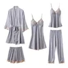 Vêtements de nuit pour femmes Femmes 5pcs Pyjama Costume Loungewear Sexy Dentelle Satin Sleep Set Pyjama Intime Lingerie Summer Robe Nightwear 231116