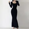 Casual Kleider Sexy Solid Fishtail Kleid Damenmode Schlank U-Ausschnitt Langarm Dünn Vestidos 2023 Frühling Elegant Grundlegend Weiblich