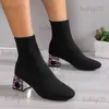 Botlar Kadın Sıcak Satış Yüksek Topuklu Kısa Botlar 2023 Kış Tasarımcı Kare Toe Feet Breatable Stretch Sock Botlar Platform Ayakkabıları T231117