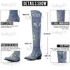 Stiefel BONJOMARISA Damen bestickte Western-Kniehohe Stiefel Cowboy Cowgirls Overknee-Stiefel für Frauen Blumen klobige Denim-Schuhe T231117