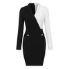 Robes décontractées manches longues OL style femmes costume robe genou longueur contraste couleur bureau slim fit taille serrée entreprise pour le travail