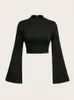 Damen-Blusen, Hemden, lässig, schwarz, Stehkragen, ausgestelltes Langarm-Crop-Top, Damen-Herbst-Winter-Y2K-Kleidung, einfarbig, Slim-Fit-T-Shirt, Bluse, Streetwear, 231116