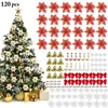 Christmas Decorations 120PCS /1set Christmas Tree Ornaments Artificial Christmas Flowers Bows Bells Snowflakes Small Cane Clip for Wedding Party 231117