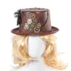 Steampunk Retro Hats Carnival Cosplay Bowler Gear Chain Feather Decor Party Caps Halloween Brown Round Top Hats For Men Women T200228V