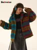 Kadın Yün Karışımları Botvotee kontrast renk eklenmiş ekose ceket kadınlar 2023 vintage uzun kollu gevşek ceketler şık çevirme yaka ceketler 231116