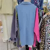 Women's Blouses Dames Denim Shirt 2023 Kleurcontrast Wollen driedimensionale bloem naaien losse middellange lengte