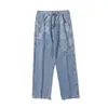 Jeans pour hommes 2023 printemps hommes bleu clair Baggy mode coréenne Denim sarouel imprimé panneau jambe droite pantalon mâle