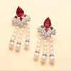 Stud-oorbellen puur 925 Sterling zilveren hoogwaardige sieraden dames Rood Lace Pearl Tassel Party Accessoire cadeau