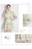 Vintage Palace Style Dress Temperament Bubble Long Sleeve Round Neck Waist Slim Cut Out Print Single breasted A-line Dress