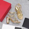 Golden Stud Gladiator Sandals mules à talons Chunky Block heels Chaussures carrées à bout ouvert Designers de luxe pour femmes de 95 mm Sandales à talons hauts Chaussures de soirée avec boîte
