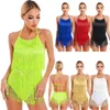 Scen Wear Womens Halter Neck Tassel Latin Jazz Salsa Bodysuit Spaghetti Strap Backless fransed Jumpsuit Dance Performance Costume