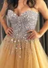 Party Dresses Sparkly Arabic Dubai Prom 2023 Sweetheart Rhinestone Bodice Beaded Tulle Gold Formal Evening Gowns Vestidos