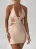 Casual Dresses Wsevypo Women Sexy Deep V Halter Bodycon Dress Summer Sleeveless Backless Bandage Cutout Knitted Crochet Mini Clubwear