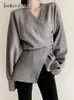 女性のセーター2丁目固体ミニマリスト編みの女性用vネック長袖チュニック気質セーター女性ファッション服231116