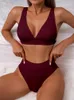 Swim Wear Sexig Ribbed Bikinis Swimwear Women High midjen Baddräkt Plunging Biquini Black High Cut Summer Beachwear 230417