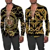 Camisas casuais masculinas Padrão de leão dourado 3D Men camisetas camisetas de manga comprida colar de colarinho de colar