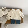 Armatürler Sonbahar ve Kış Bebek Kız Örme Sweater Seti Herringnone Jacquard Ceket Çizgili Patchwork Pants 231117