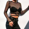 Damen T-Shirts Marke Damen Mesh Goth Langarm Netztops Durchsichtig Bandage Crop Top Damen Sommer Strandbekleidung