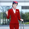 Kvinnors tvåbitar byxor Izicfly Spring Autumn Rose Red Airline Stewardess Kläder Kvinnor Pantdräkt EL Reception Spa Waitress Uniform för arbete