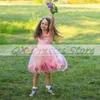 Abiti da ragazza 2023 Flower Gril Dress O-Collo in raso senza maniche Ragazze Abito da festa per matrimonio A-Line Lunghezza al ginocchio Tulle Cerimonia per bambini