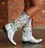 Laarzen BONJOMARISA Merk Cowboy Borduren Bloemen Westerse Laarzen Voor Vrouwen Slip Op Mid Kuit Laarzen Vrouw Casual Design Schoenen Vrouw T231117