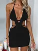 Casual Dresses Wsevypo Women Sexy Deep V Halter Bodycon Dress Summer Sleeveless Backless Bandage Cutout Knitted Crochet Mini Clubwear