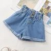 Шорты летние джинсовые шорты для девочек с высокой талией упругие малыши девочки -подростковые детские джинсы Hem Fashion Blue White Kids Pant 230417