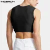 Débardeurs pour hommes 2023 Mesh Patchwork Col rond Streetwear Sans manches Voir à travers les gilets Sexy Party Nightclub Crop INCERUN 230417